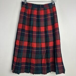 Vintage Womens 12 Pleated‎ Wrap Skirt Red Green Plaid Union Academia Preppy